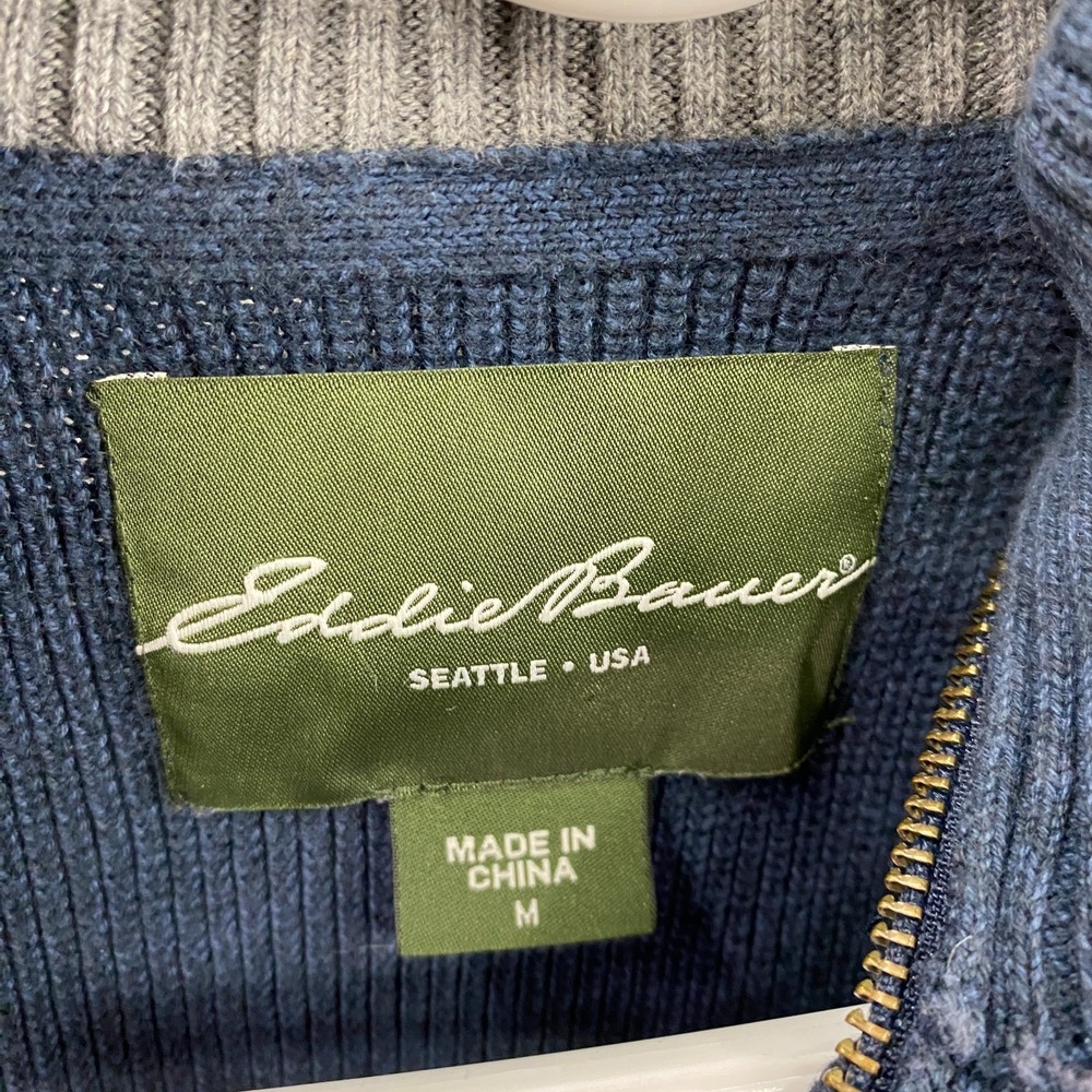 Eddie Bauer Quarter Zip Sweater Men's M Navy Striped Ribbed Knit Cotton Pullover - Picture 6 of 9